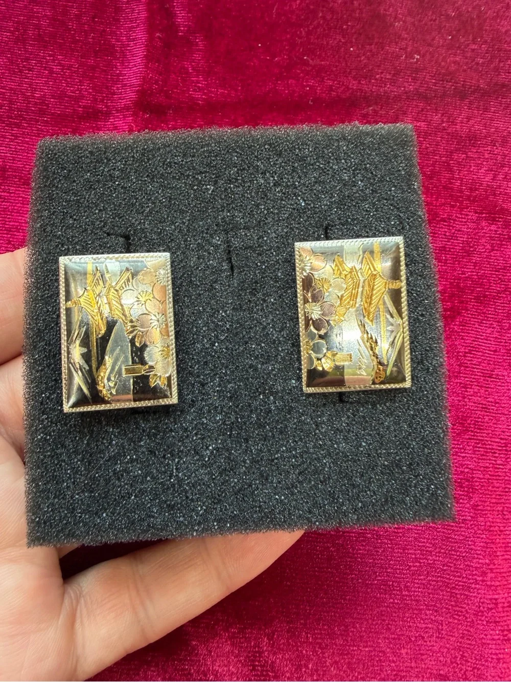 Vintage Damascene Sterling Silver and 14k Gold Inlay Cufflinks
